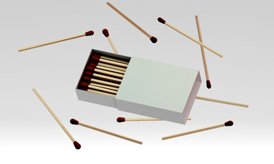 Matchbox with scattered wooden matches mockup