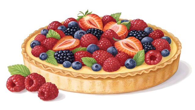 A fruit tart with a creamy filling topped with an abundance of fresh mixed berries and mint.
- Powered by Adobe