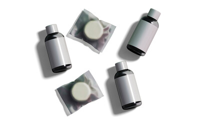 Plastic bottles and sealed soap packets mockup