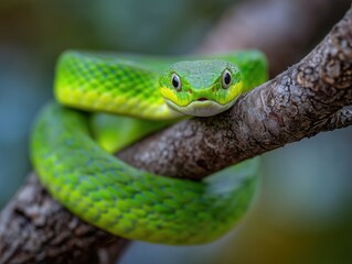 Obraz premium Close-Up of Green Snake on Tree Branch