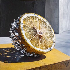A slice of lemon, studded with metal