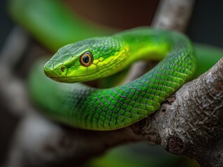 Fototapeta premium Green Snake Coiled on Branch