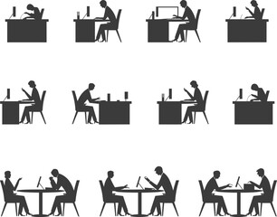 Silhouette business people working at desk and meeting table, office teamwork collaboration, laptop computer discussion, digital communication, corporate workplace illustration