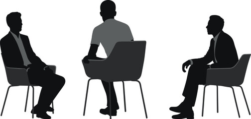 Silhouette business meeting discussion, three people sitting on chairs, teamwork conversation, office communication, corporate interview, professional consultation, strategy planning,