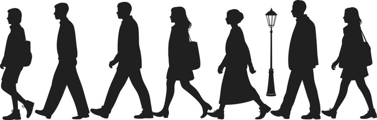 Silhouette people walking, urban pedestrians, men and women figures, street lifestyle, vector illustration, business commuters, modern city design, outdoor activity, crowd movement, daily routine