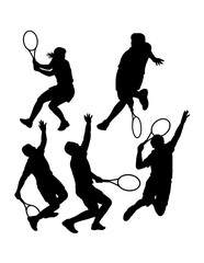 Tennis game sport training silhouette. Male and female player pose