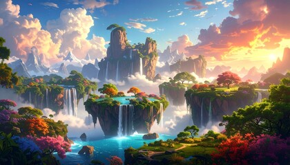 A surreal fantasy landscape with floating islands. Waterfalls falling into the sky. Glowing trees and dreamlike atmosphere. Vivid colors, surreal clouds, high detail, photorealistic yet imaginative. 