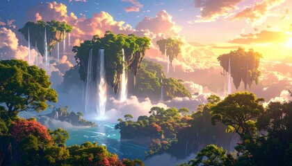 A surreal fantasy landscape with floating islands. Waterfalls falling into the sky. Glowing trees and dreamlike atmosphere. Vivid colors, surreal clouds, high detail, photorealistic yet imaginative. 