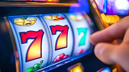 Triple Seven Jackpot: The dazzling close-up of a hand pressing a slot machine button, revealing a winning combination of triple sevens, is captured.