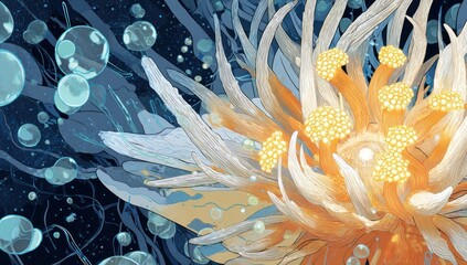 Close up of a vibrant sea anemone with delicate tentacles and glowing yellow centers surrounded by bubbles in deep blue water.