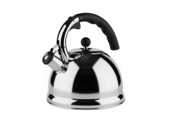 Shiny stainless steel tea kettle isolated on transparent background