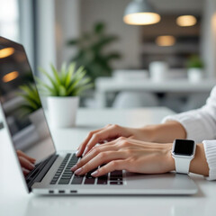 A businesswoman wearing a white smartwatch on her wrist.
