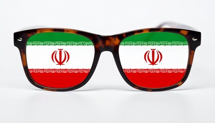 A pair of black-framed eyeglasses with lenses reflecting the Iranian flag.