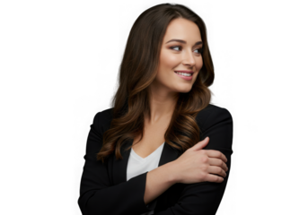 Confident brunette businesswoman in black suit isolated on transparent background