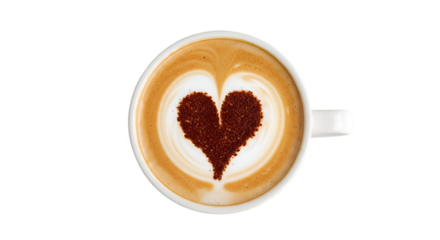 Love in Every Sip: An overhead perspective of a meticulously crafted cappuccino, featuring a heartwarming heart design. The frothy beverage exudes warmth and invites relaxation.