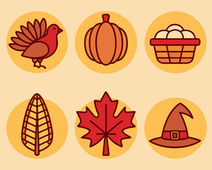 Fototapeta premium A collection of six circular icons representing autumn, Thanksgiving, and Halloween themes, including a turkey, pumpkin, eggs, corn, a maple leaf, and a witch hat.