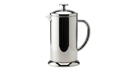 Coffee Press Elegance: A sleek, chrome coffee press, designed for optimal brewing, sits isolated, offering a modern touch to coffee preparation, embodying simplicity and functional elegance.