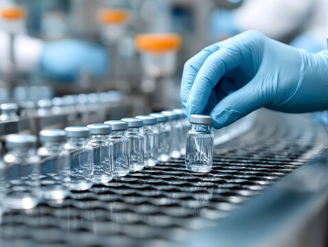 Laboratory Hand Handling Glass Vial with Transparent Liquid on Production Line in Pharmaceutical Facility