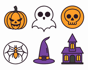 Obraz premium Collection of colorful Halloween-themed vector icons including a pumpkin, ghost, skull, spider, witch hat, and haunted house.
