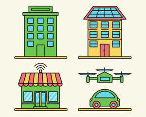 Fototapeta premium A collection of modern urban elements including buildings, a drone, and a car, representing smart city concepts.