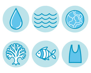 Blue icons representing water, earth, marine life, and plastic pollution, symbolizing environmental concerns and conservation.