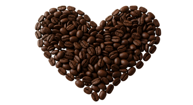 Caffeinated Affection: A delightful arrangement of roasted coffee beans meticulously shaped into a perfect heart, showcasing an embodiment of coffee.