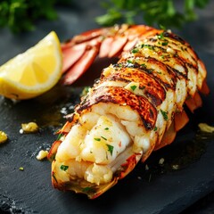 A grilled lobster tail with garlic butter, served with a side of lemon wedges on a dark slate plate