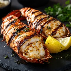 A grilled lobster tail with garlic butter, served with a side of lemon wedges on a dark slate plate