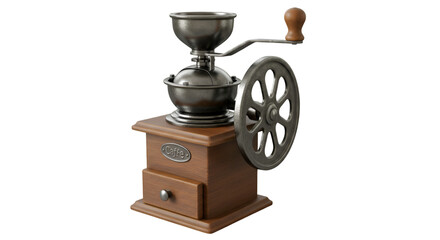 Vintage Coffee Grinder: A detailed depiction of a classic, manual coffee grinder with a wooden base. This image evokes a sense of tradition, craftsmanship.