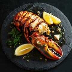 A grilled lobster tail with garlic butter, served with a side of lemon wedges on a dark slate plate