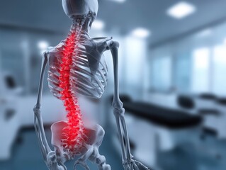 Detailed 3D Model of Human Spine with Highlighted Lumbar Region in Modern Clinic Environment