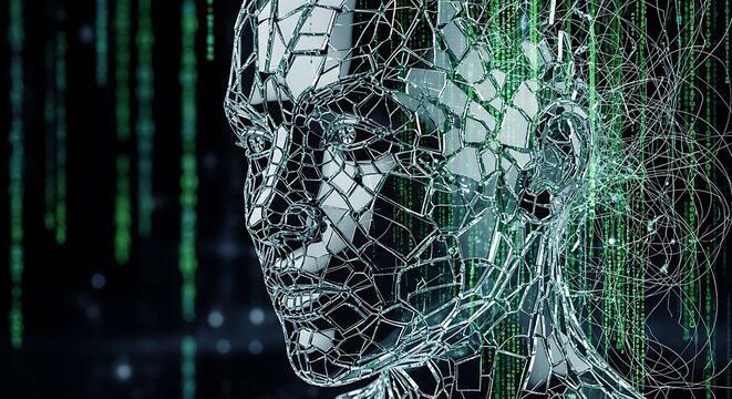 Digital Human Face with Matrix Code Background Representing Artificial Intelligence and Technology.