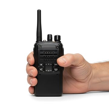 Hand holding a black walkie talkie device isolated on white background.