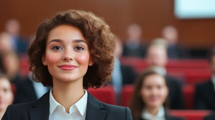 Professional Woman Smiling in Conference Room with Audience Members in Soft Focus Background