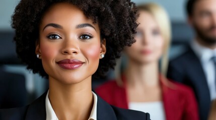 Confident Businesswoman Smiling in Professional Environment with Colleagues in Background at a Corporate Meeting