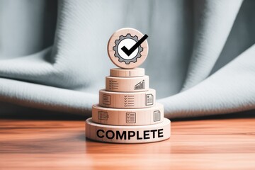 A step-by-step process for project completion and business success. Wooden blocks show workflow stages leading to a final quality checkmark icon