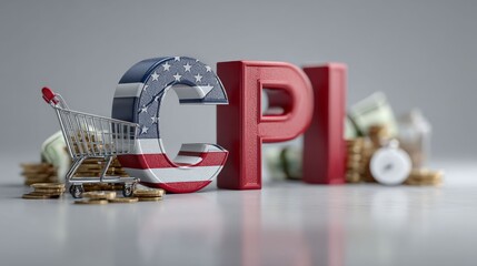 Inflation and Economic Trends: A striking conceptual image of the Consumer Price Index (CPI),  presented with symbolic elements: shopping cart, coins, and dollar bills.