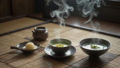 Two steaming bowls of traditional Japanese green soup served in a serene, rustic setting on a woven mat
