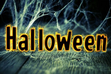 Spooky Halloween Theme: A stylized Halloween graphic with a weathered wood texture background, covered in intricate spiderwebs, setting the stage for a night of thrilling adventures.