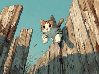Playful Cat Leaping from Wooden Fence into Bright Blue Sky Surrounded by Light and Nature Elements
