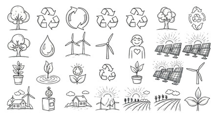 Hand-drawn ecology and environment icons vector doodle set for sustainable living isolated on white 