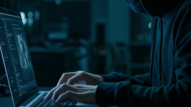 Hacker in dark room typing on laptop computer screen glowing blue.
