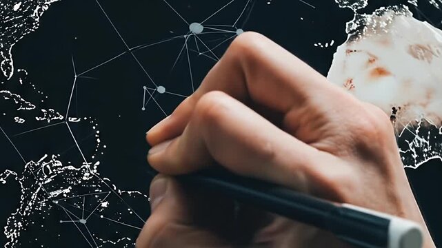 Hand drawing a complex network diagram on a dark background.