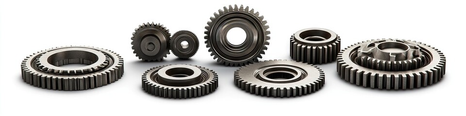 Assorted metal gears arranged in a group