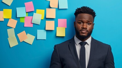 Professional man standing against a bright blue background with colorful sticky notes on wall for creative ideas
