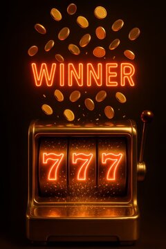 casino winner sign and gambling slot machine with glowing 777 jackpot and golden coins, casino winner background