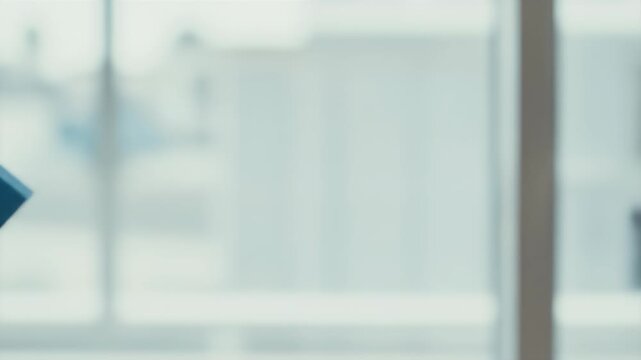 Hand holding a blue folder in front of a blurred office window background.