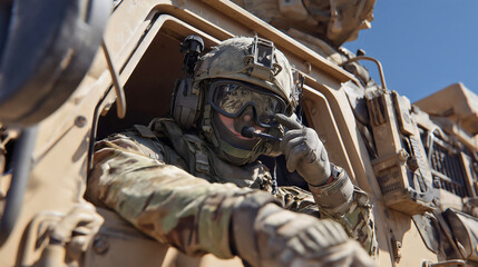 Obraz premium Close-Up Profile of a Soldier in Helmet and Goggles, Operating Inside a Dusty, Armored Humvee in the Desert Heat.