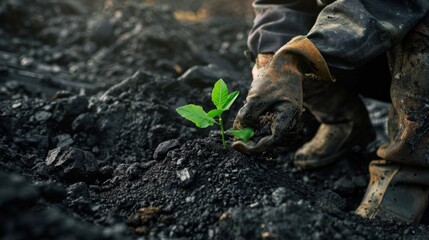 Hands plant a young sprout in the scorched earth after a fire, symbolizing the rebirth of nature. Suitable for environmental projects, articles on forest restoration, and charitable campaigns 