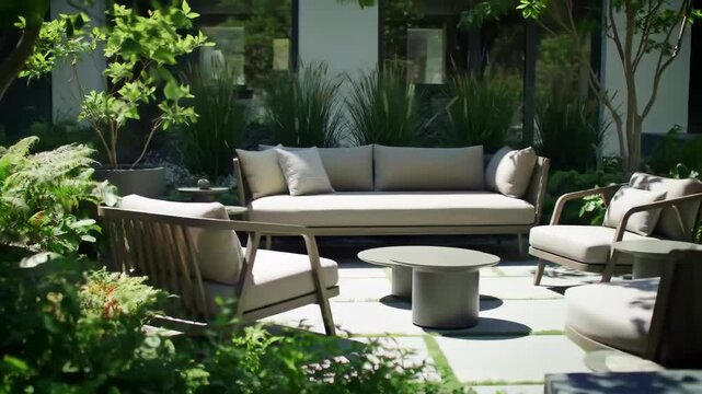 Outdoor garden furniture: wooden chairs and table on a patio for a relaxing summer design